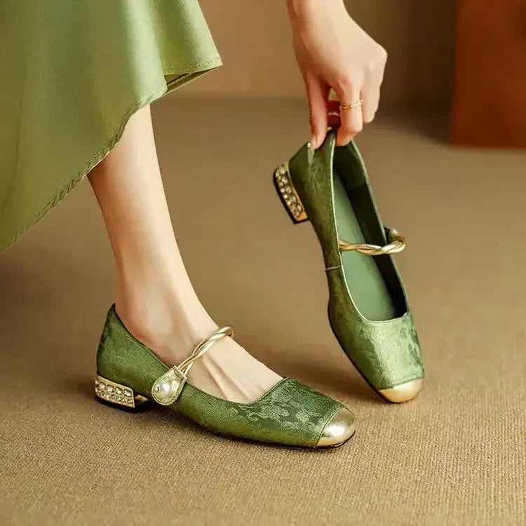 KROHN-E Damen Mary Jane Schuhe Perlen Blockabsatz Glitzer
