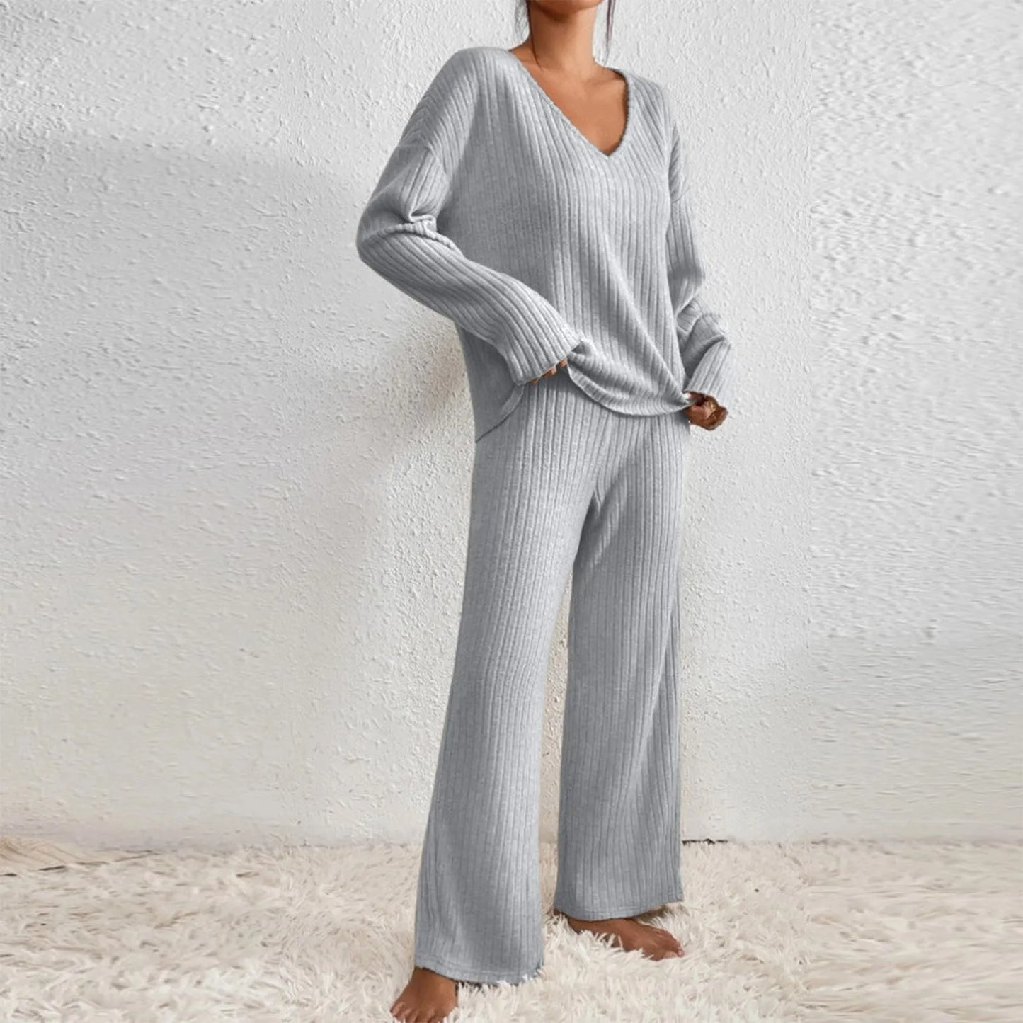 KROHN-E Damen Strick Zweiteiler Set Entspannt Beige Loungewear