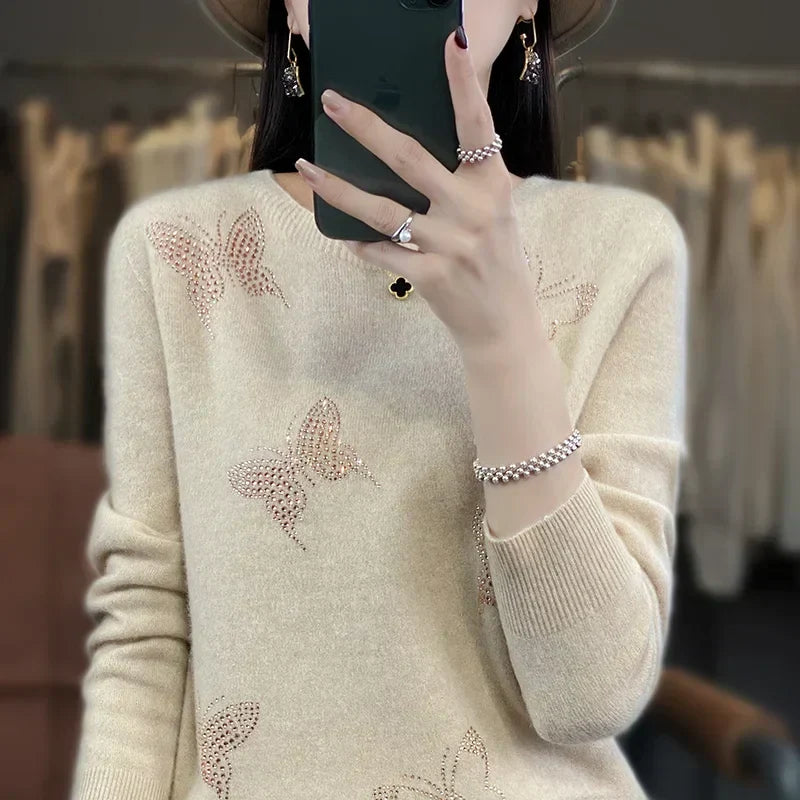 KROHN-E Damen Strickpullover Schmetterling-Design Weich