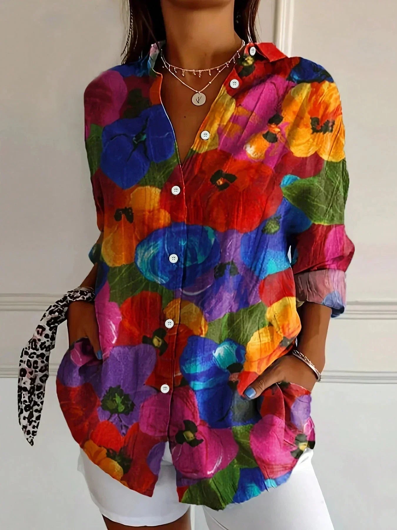 KROHN-E Damen Bluse Verspieltes Muster Leichter Stoff Bunt