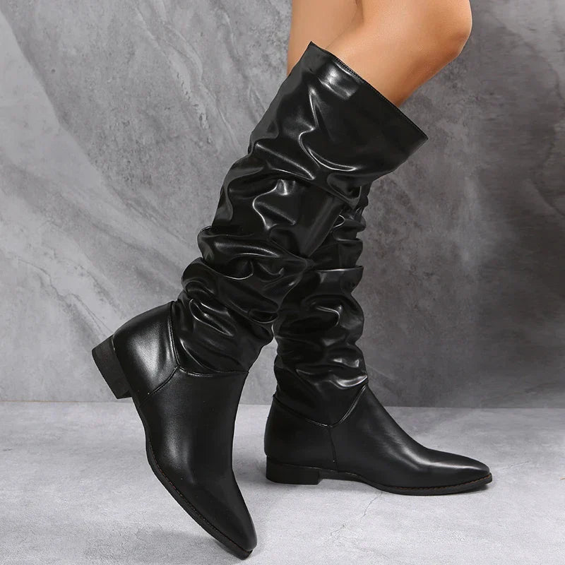 Krohn-e | Knielange Punk-Stil Falten Pu-Leder Stiefel