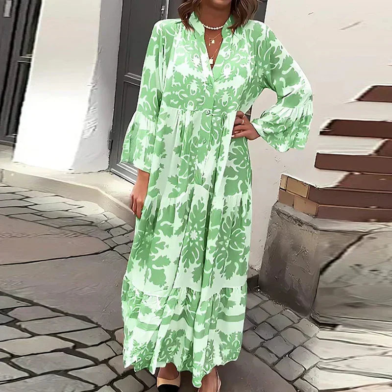 KROHN-E Damen Boho Maxikleid fließend bedruckt Muster lange Ärmel
