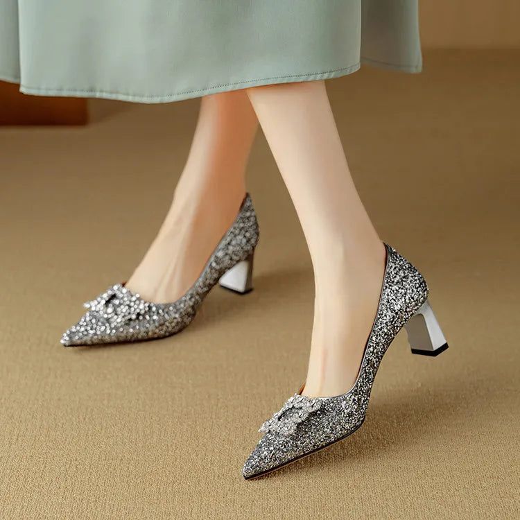 KROHN-E Damen Glitzer Pumps Blockabsatz Spitz Strass-Schnalle