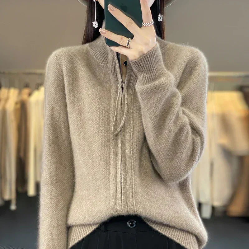 Krohn-e | Woll Cardigan Doppelter Reißverschluss und Hoher Kragen Weich und Elegant