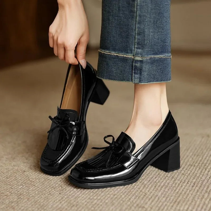 KROHN-E Damen Tassel Loafer Pumps Blockabsatz Runde Spitze