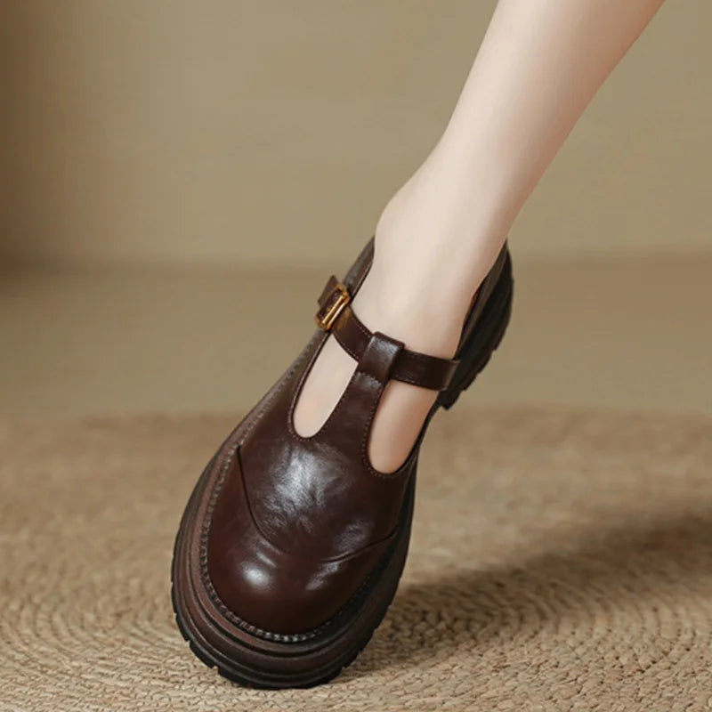 KROHN-E Damen T-Bar Mary Jane Schuhe Leder Braun