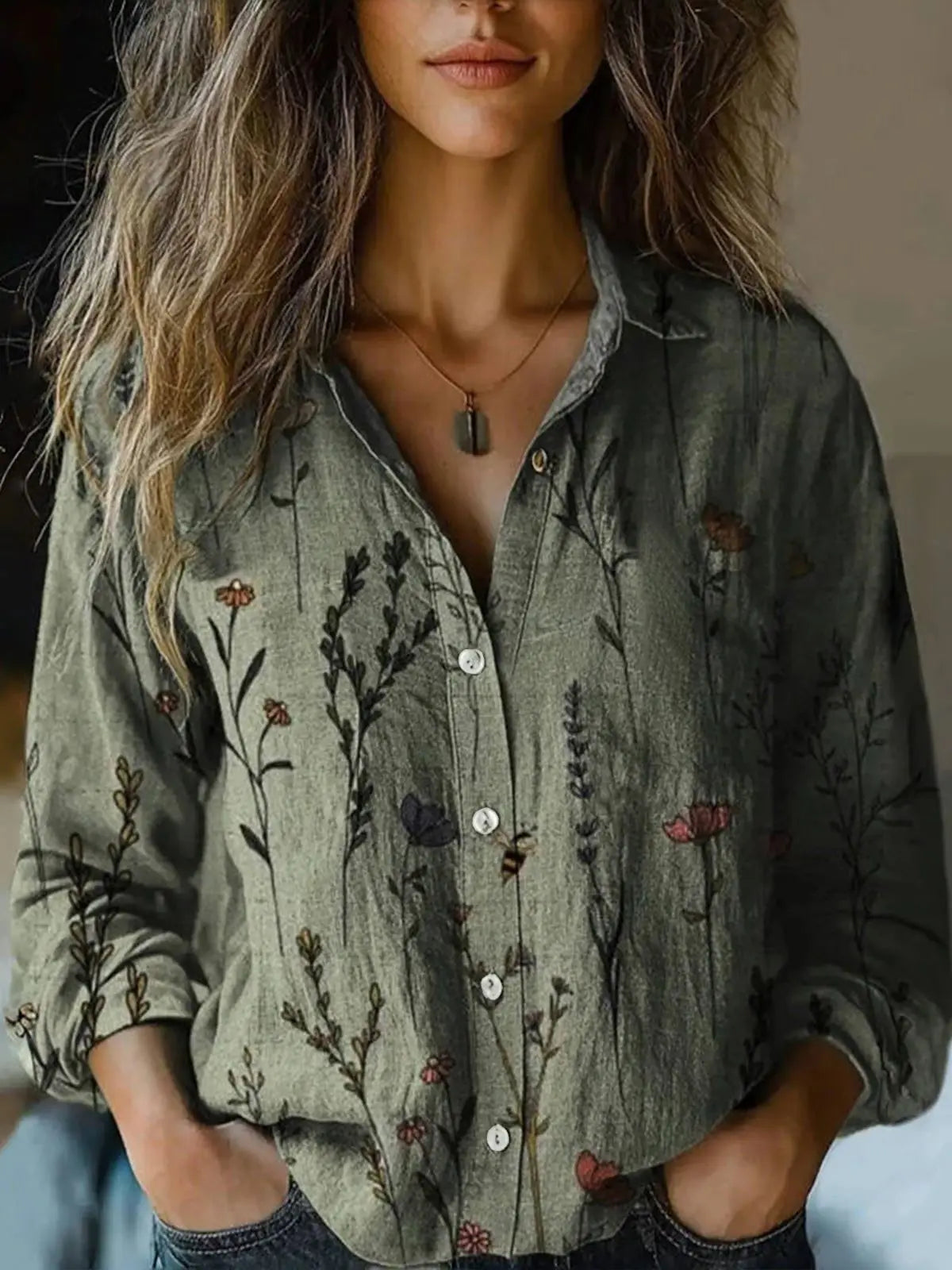 KROHN-E Damen Bluse Langarm Blumenmuster Herbstfarben Knopfleiste