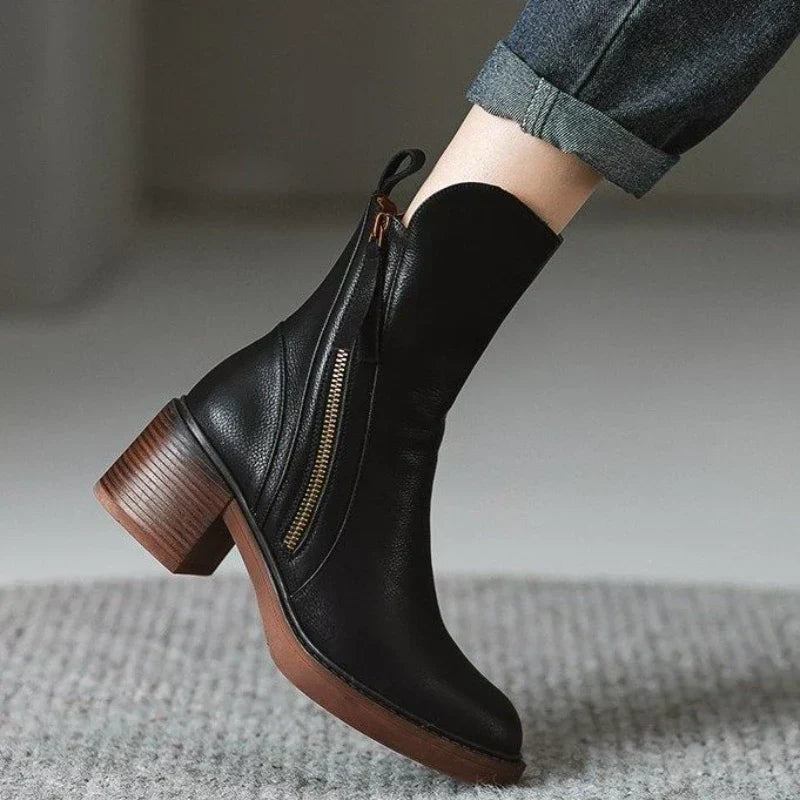 KROHN-E Damen Ankle-Boots Blockabsatz Reißverschluss elegant