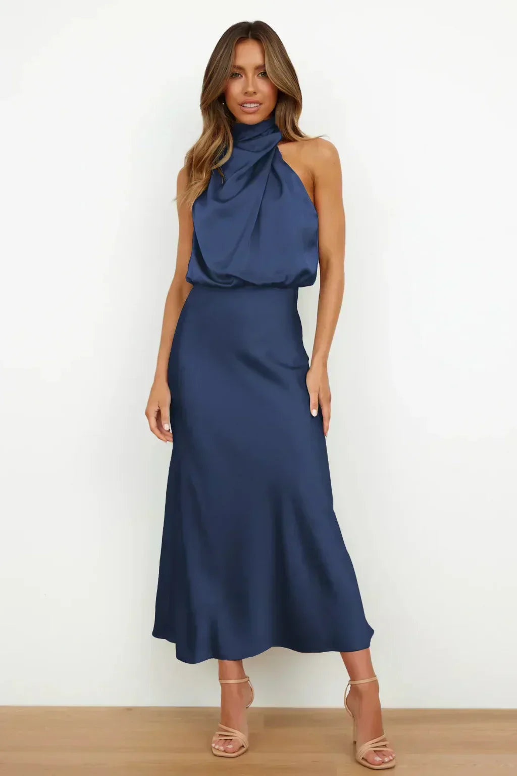 KROHN-E Damen Abendkleid Neckholder A-Linie Satin elegant Festlich