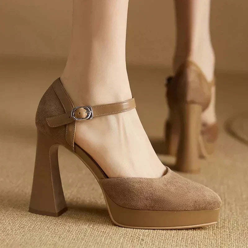 KROHN-E Damen Plateau Pumps Blockabsatz Knöchelriemen Schwarz