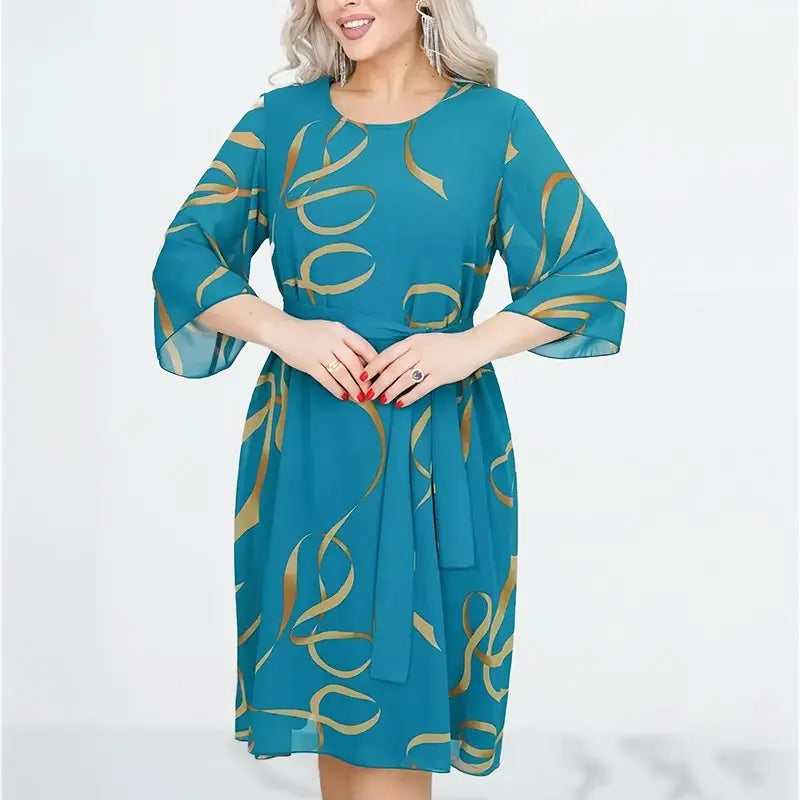 Elegante, loszittende midi jurk voor dames met geprinte, gerimpelde mouwen en ronde hals.