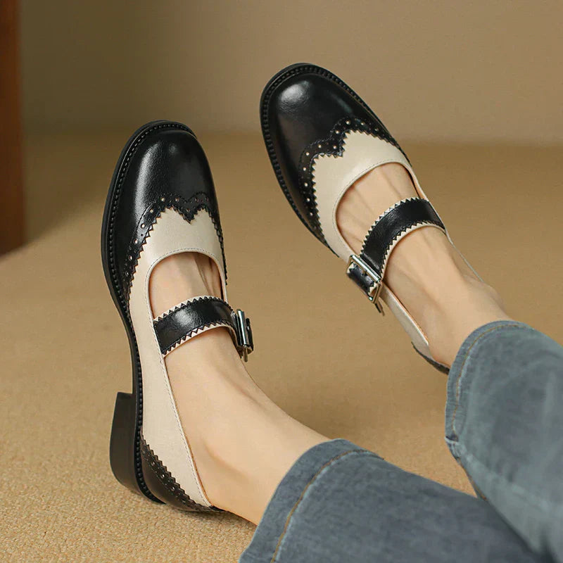 KROHN-E Damen Mary Jane Schuhe Zweifarbig Schwarz Creme T-Riemen