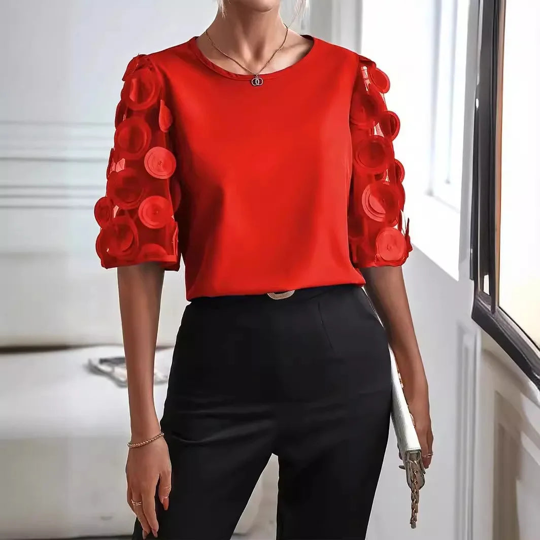 KROHN-E Damen Langarm-Bluse V-Ausschnitt Transparente Ärmel Punkte-Details