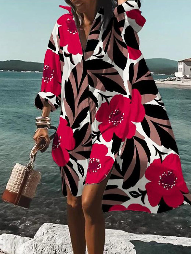 KROHN-E Damen Midi-Hemdblusenkleid Oversize Print Baumwolle
