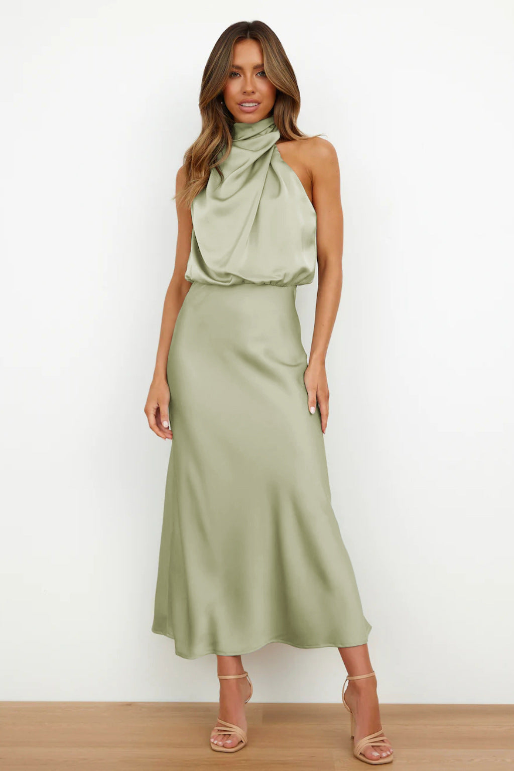KROHN-E Damen Abendkleid Neckholder Satin Schwarz