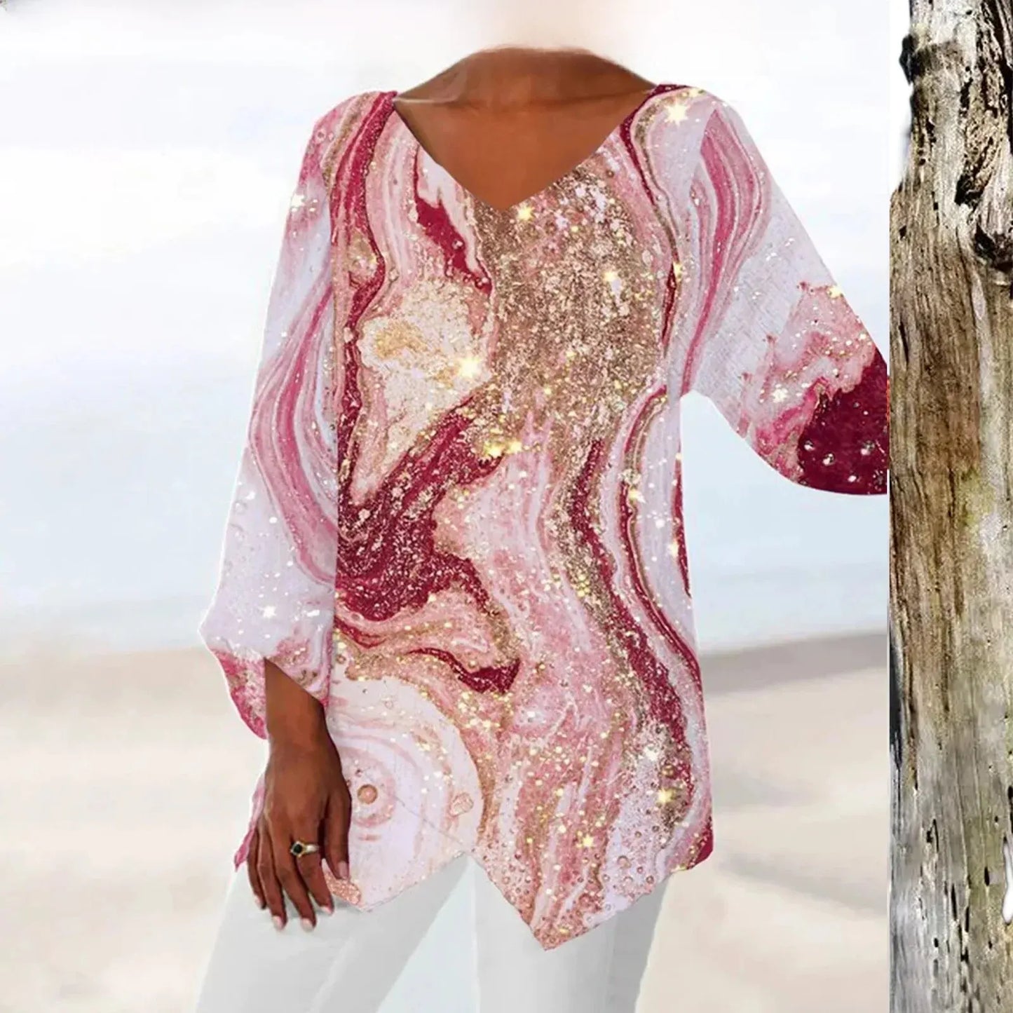 Fudus Elegantes Vintage Oberteil mit V-Ausschnitt und schönem Druck