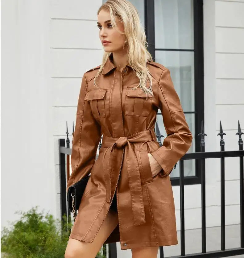 Krohn-e | Krawatte Taille Lange Ärmel Kunstleder Hemdkleid