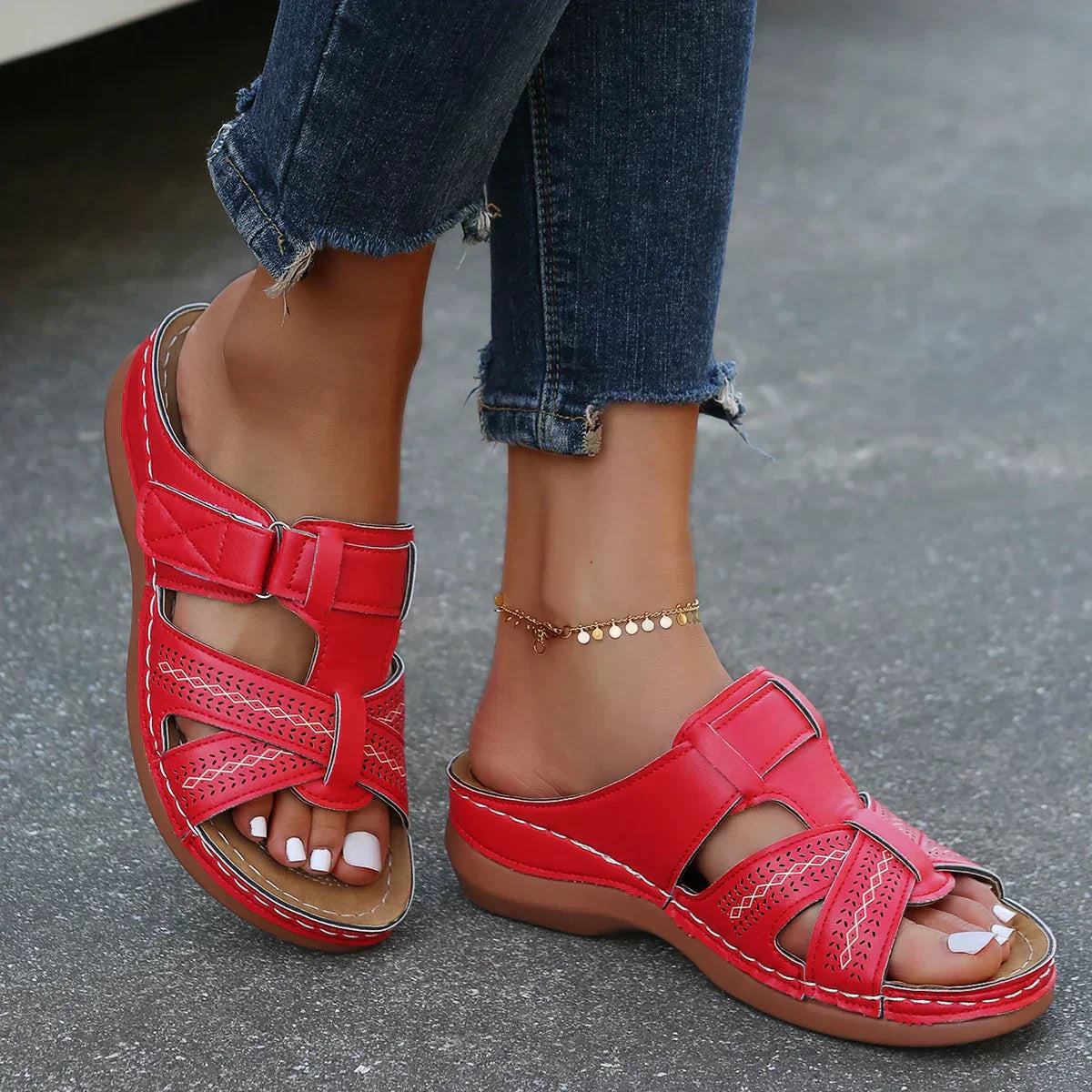 KROHN-E Damen Keilabsatz-Sandalen Gepolstert Verstellbare Riemen Fußbett