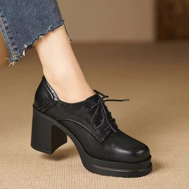 KROHN-E Damen Oxford Schnürschuhe Blockabsatz Platform Braun Schwarz
