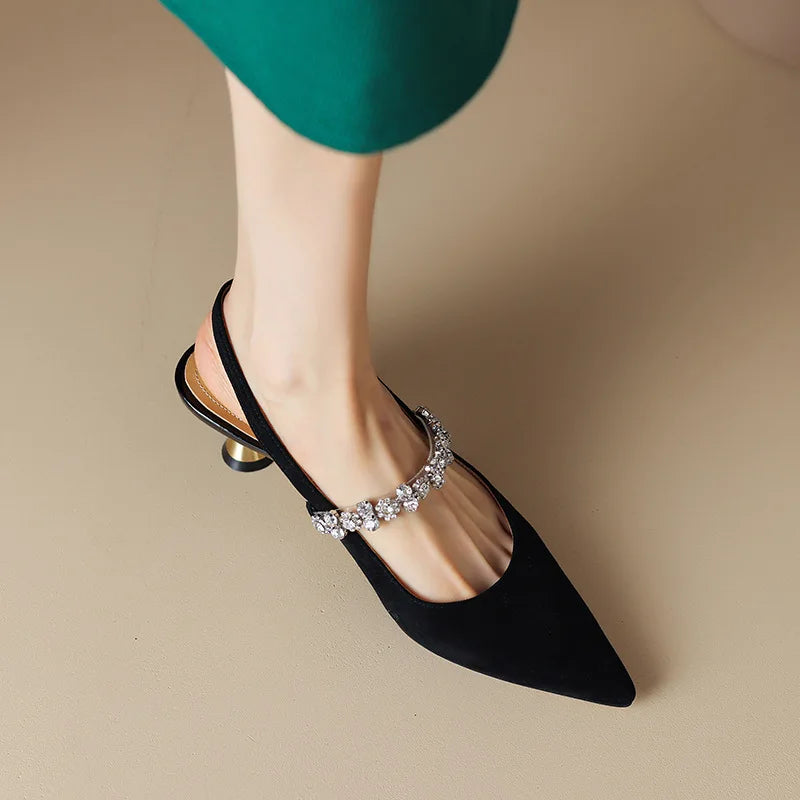 KROHN-E Damen Slingback-Pumps Kristall-Riemen Spitze Zehe