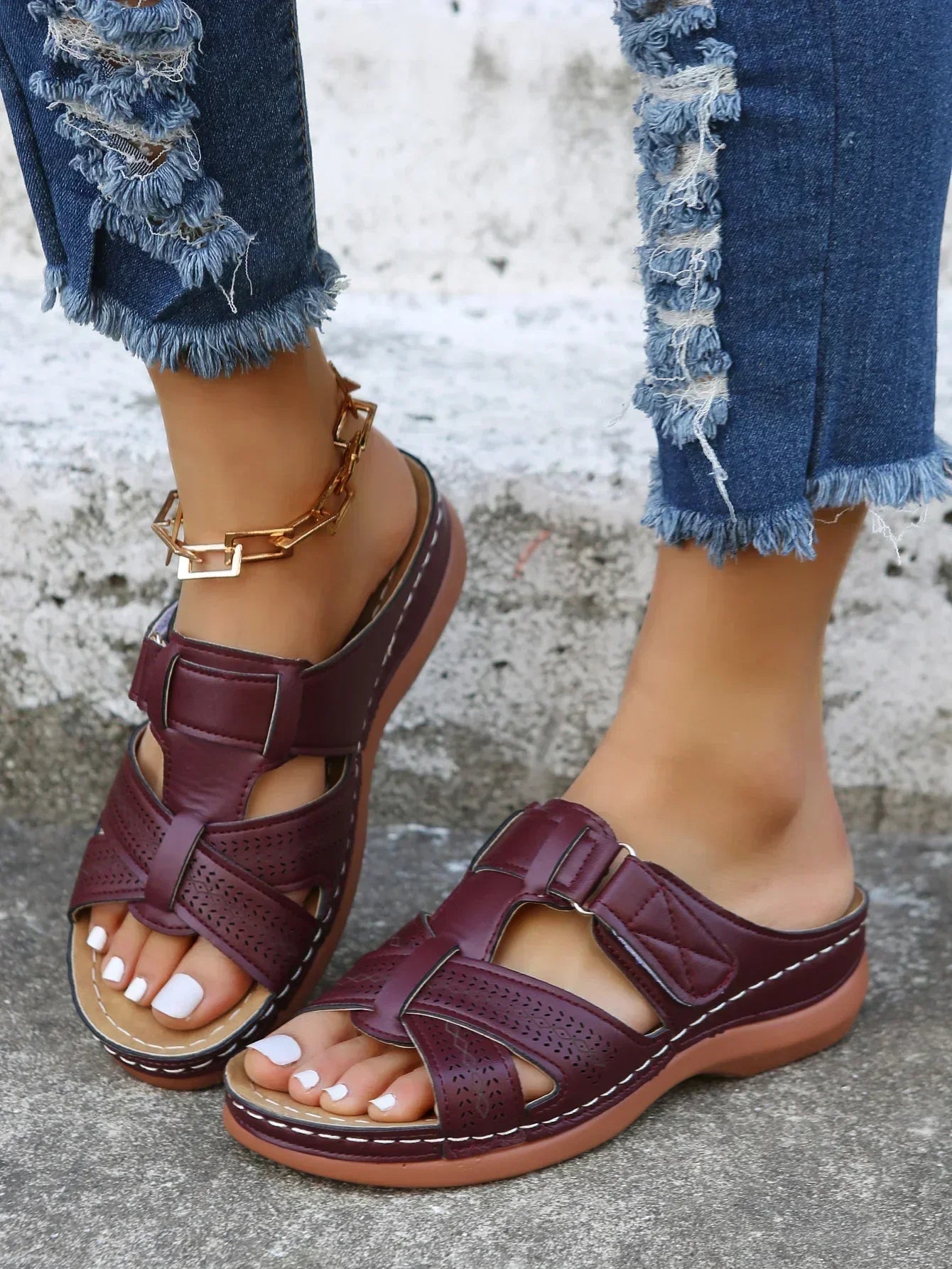 KROHN-E Damen Keilabsatz-Sandalen Gepolstert Verstellbare Riemen Fußbett