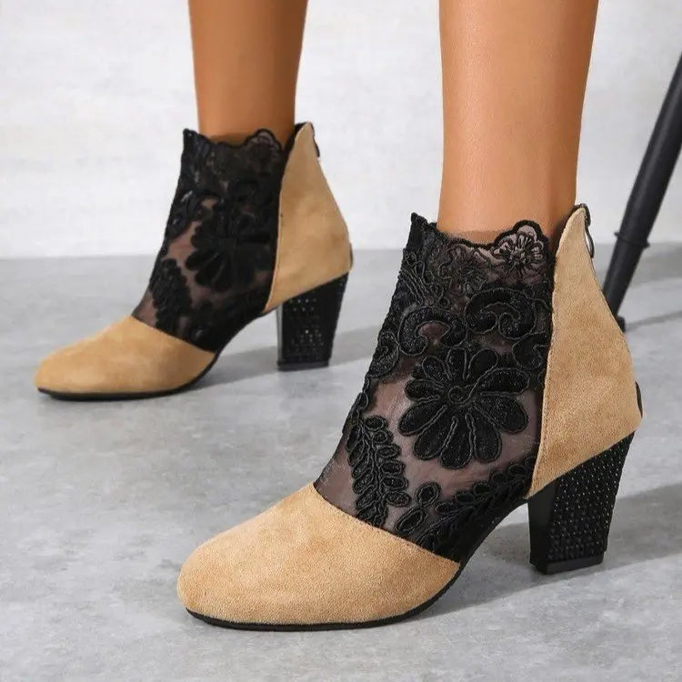 KROHN-E Damen High Heels Spitze Mesh-Details Schwarz