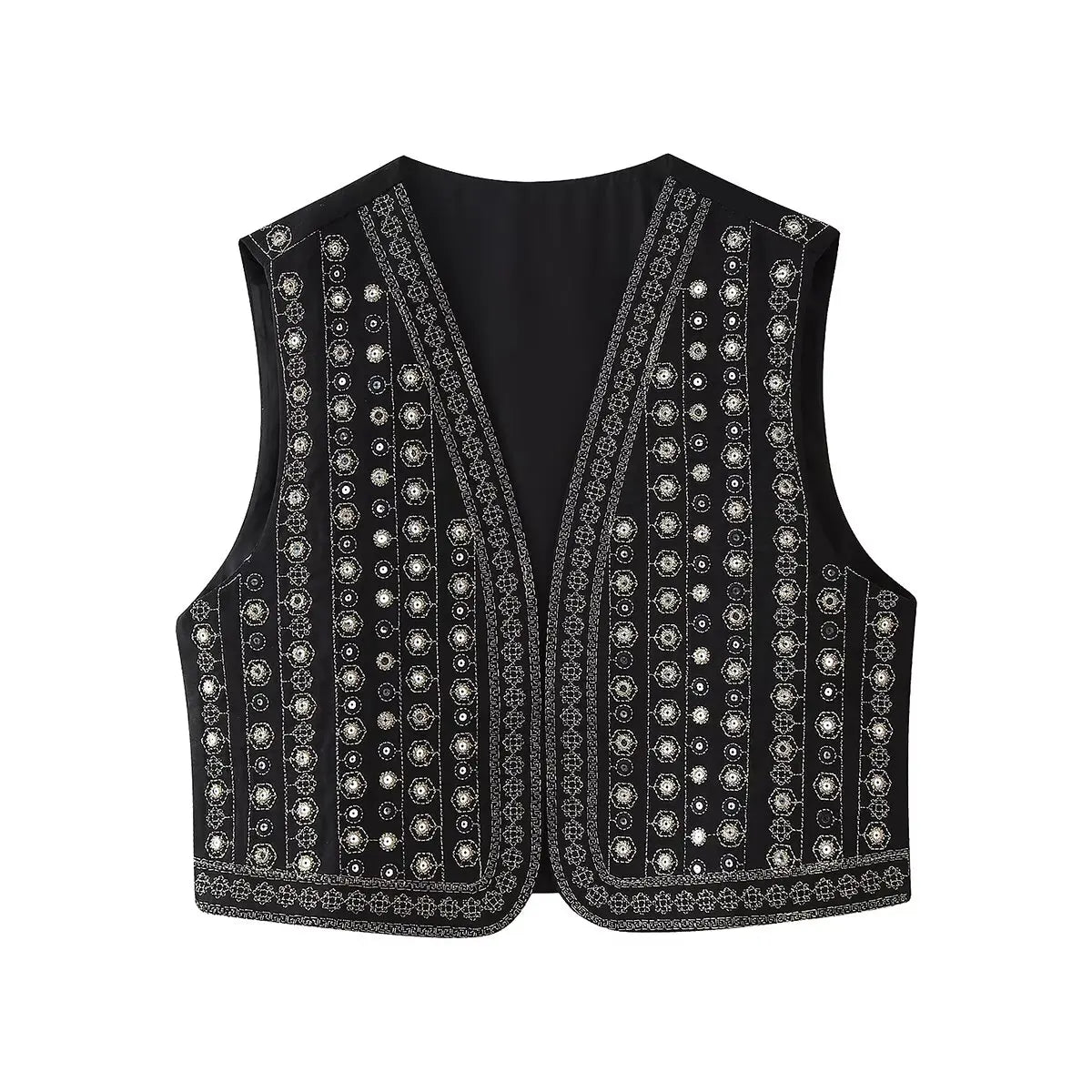 KROHN-E Damen Boho-Weste Pailletten-Muster Schwarz Polyester