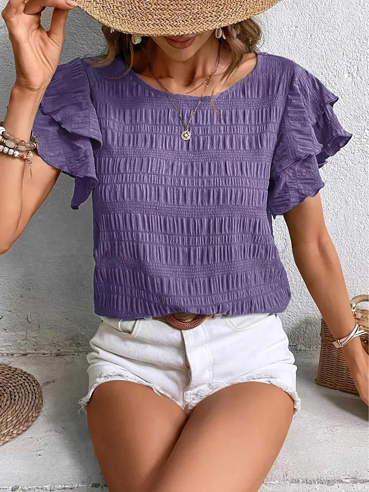 Ruby | Damen Smok-Bluse Kurzarm mit Rüschenärmeln