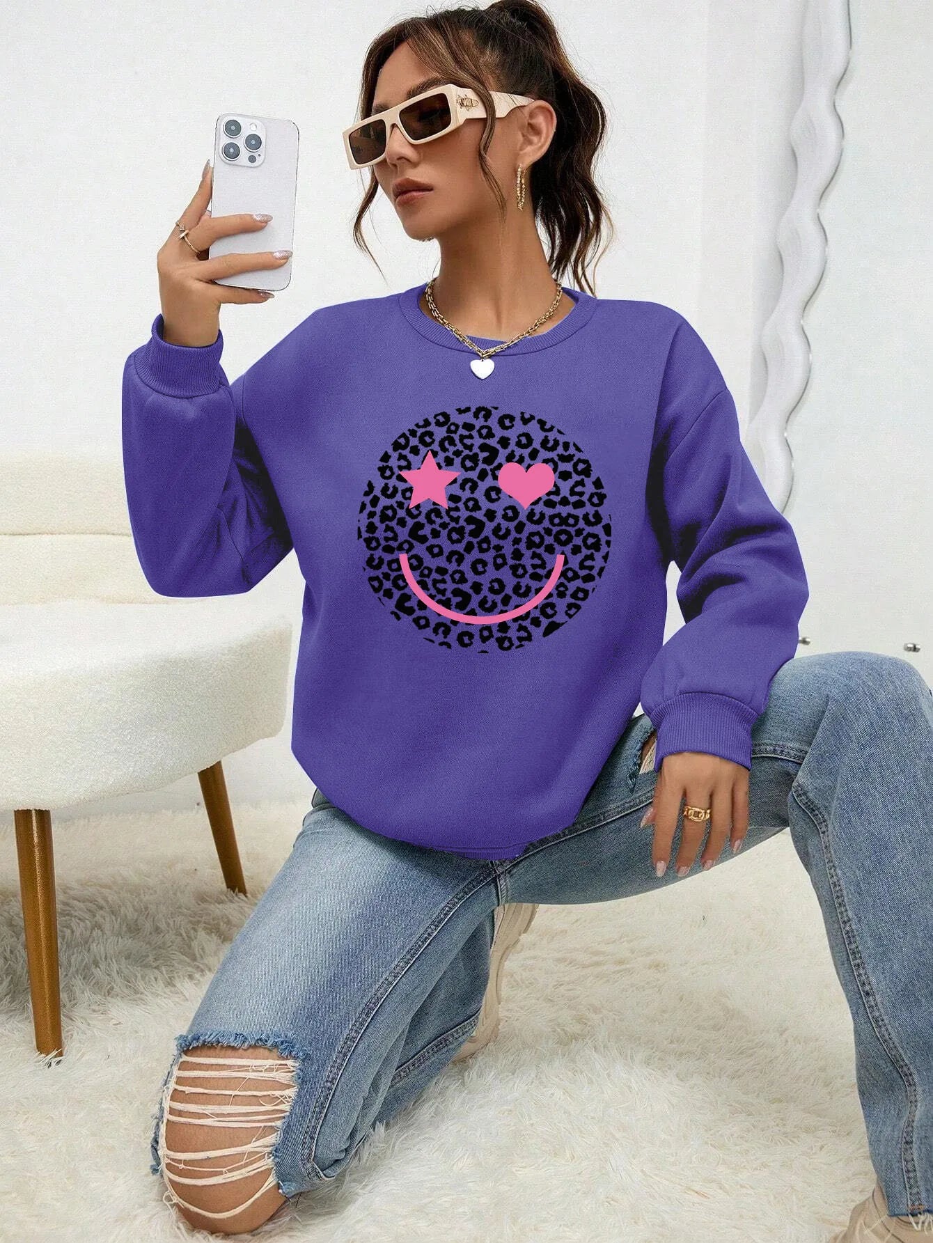 Krohn-e | Lässiges Sweatshirt mit Leopardenmotiv Baumwollmischung Trendy und Komfortabel