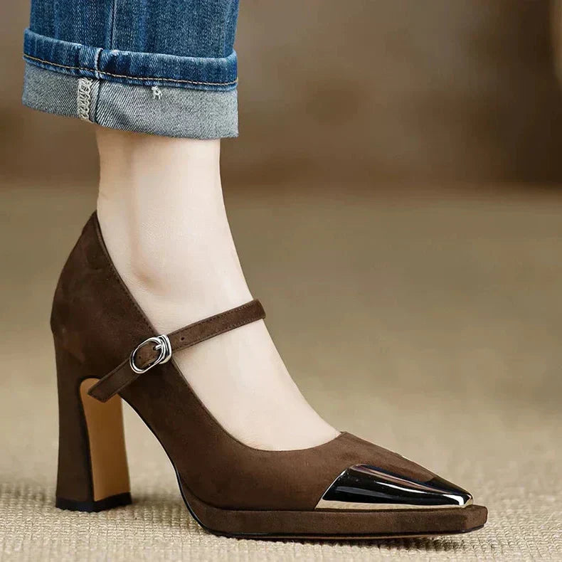 KROHN-E Damen Mary Jane Pumps Lackkappe Blockabsatz
