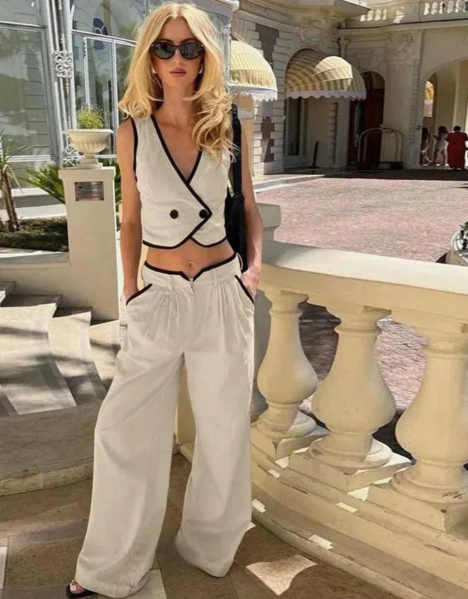 Fudus cremefarbenes ärmelloses Baumwoll-Crop-Top und -Hose Set