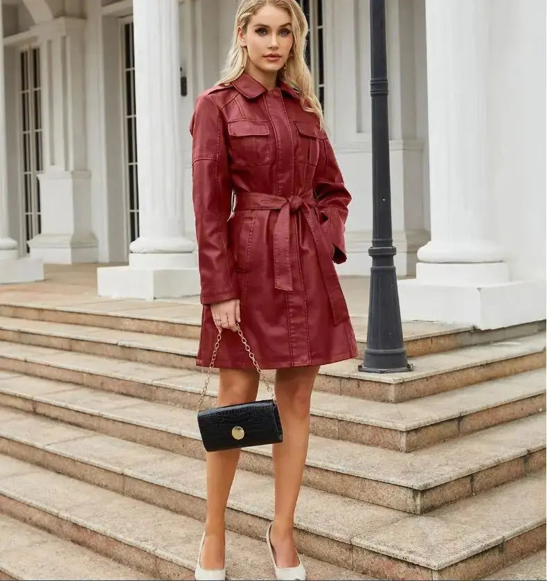 Krohn-e | Krawatte Taille Lange Ärmel Kunstleder Hemdkleid
