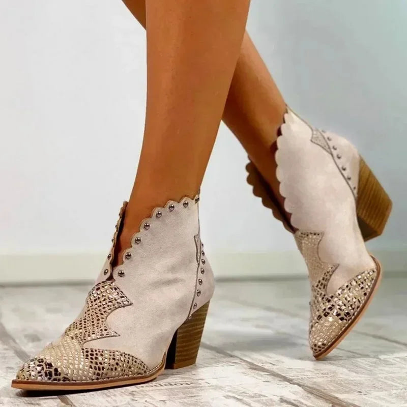 Krohn-e | Western Stiefeletten mit Schlangenleder Akzent Bestickter Gewellter Besatz Niedriger Blockabsatz