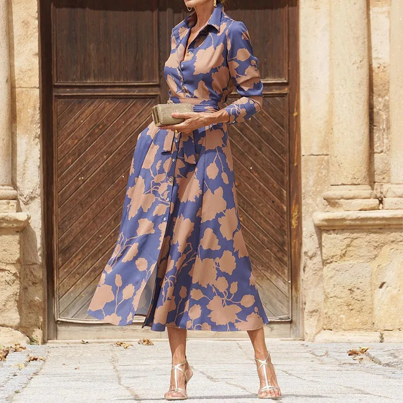 KROHN-E Damen Midi-Kleid Langarm drapiert Spitzendetail fließend elegant