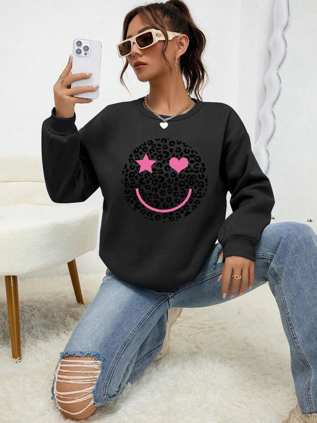 Krohn-e | Lässiges Sweatshirt mit Leopardenmotiv Baumwollmischung Trendy und Komfortabel