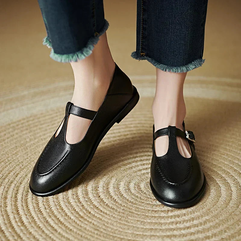 KROHN-E Damen T-Spangen Mary Jane Flats Schwarz
