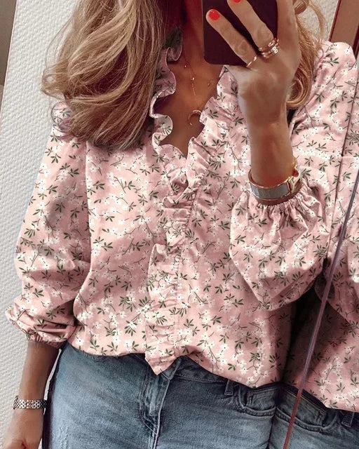 Luisa | Damen Bluse Langarm mit Rüschen V-Ausschnitt