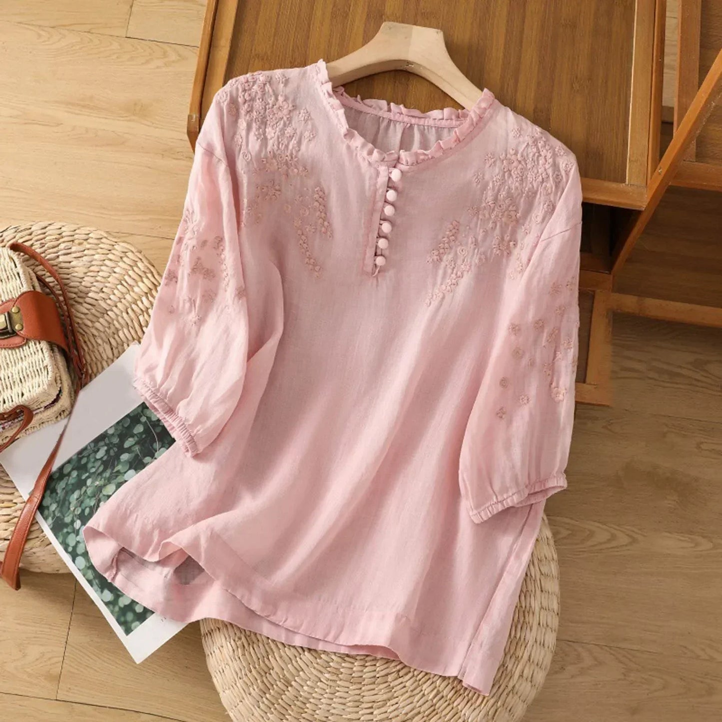 Helene | Damen Bluse mit Stickerei Rüschenkragen 3/4 Arm