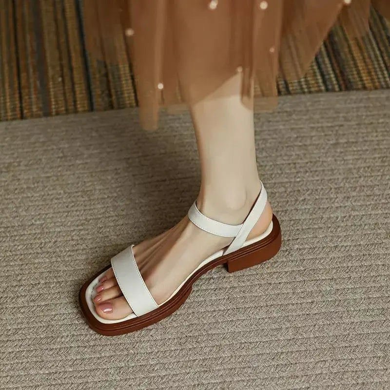 KROHN-E Damen Sandalen Blockabsatz Vegan-Leder Knöchelriemen