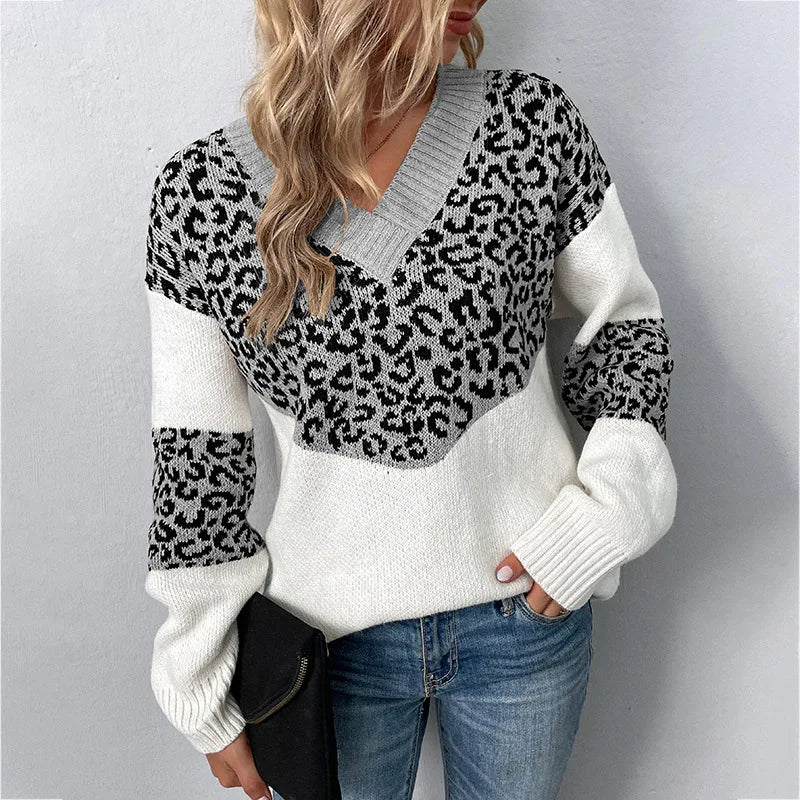 KROHN-E Damen V-Ausschnitt Pullover Leopardenmuster Weichstrick