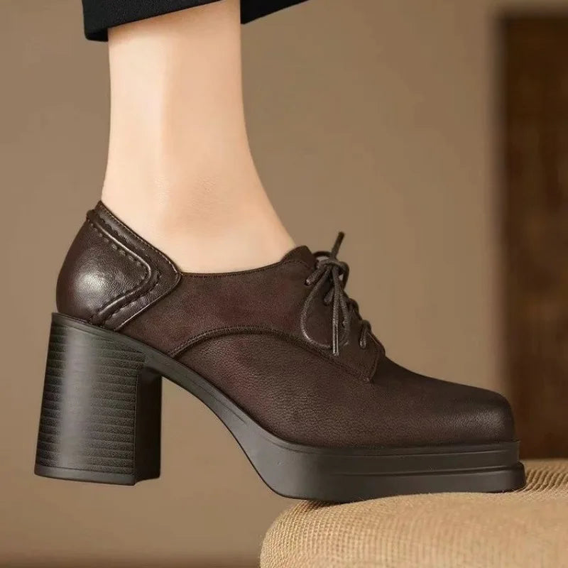 KROHN-E Damen Oxford Schnürschuhe Blockabsatz Plateau
