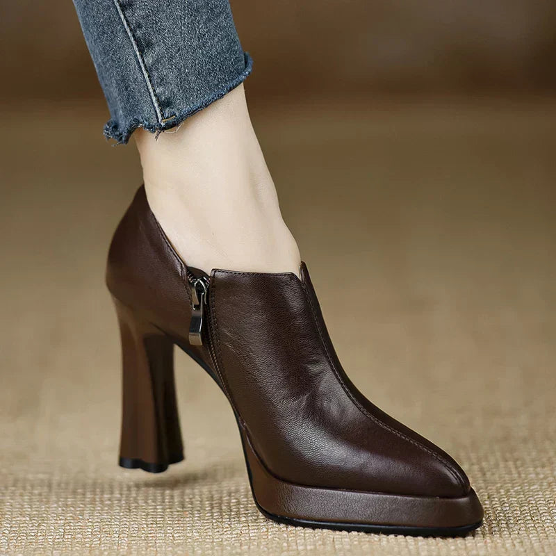 KROHN-E Damen High-Heel-Pumps Platform-Blockabsatz Schwarz Reißverschluss