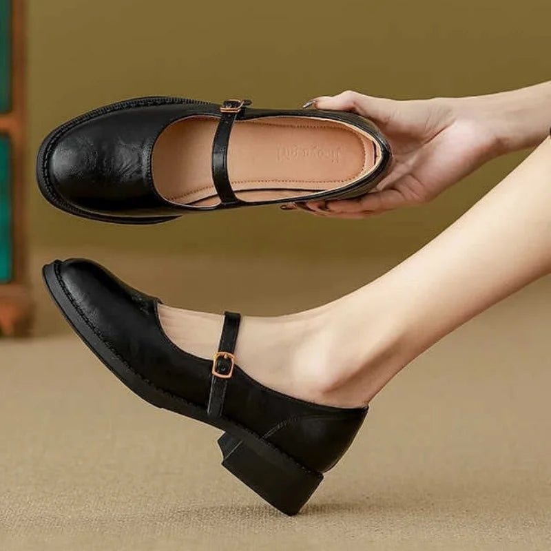 KROHN-E Damen Mary Jane Schuhe Blockabsatz Riemchen Schwarz