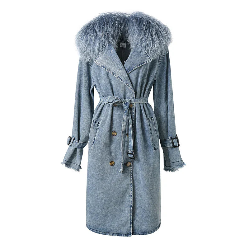 Krohn-e | Lange Denimjacke mit Kunstfell Baumwollmix Modern und Elegant