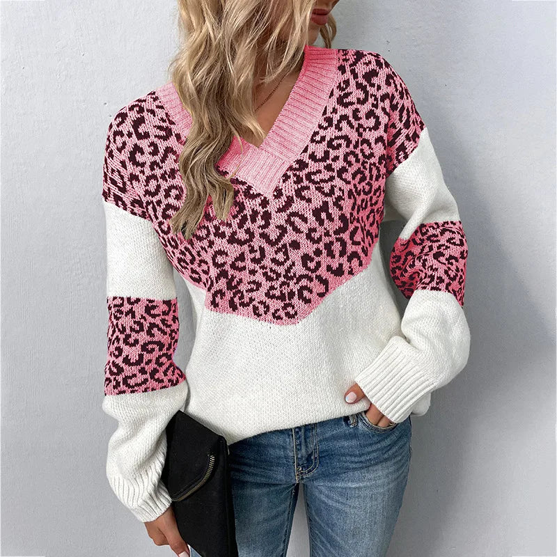 KROHN-E Damen V-Ausschnitt Pullover Leopardenmuster Weichstrick