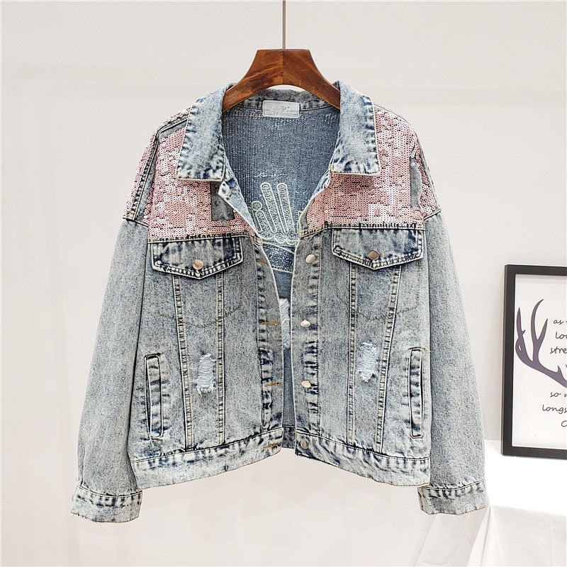 Jeansjacke mit Glitzer, Oversize-Schnitt