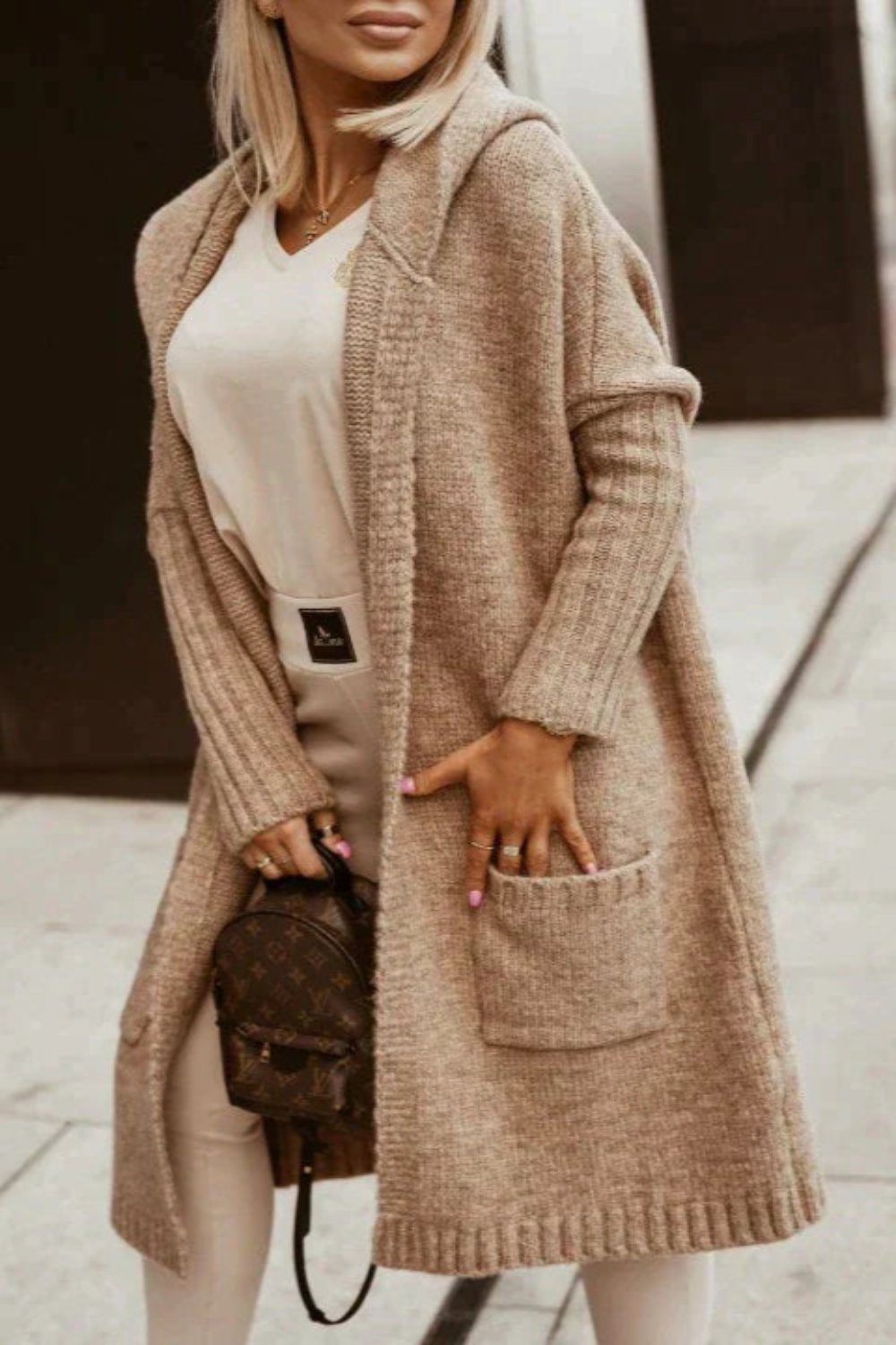 Krohn-e | gestrickte Jacke mit Kapuze Damen - stylische lange Winterjacke