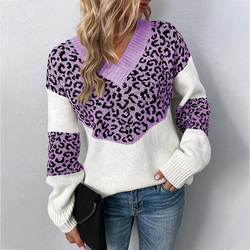 KROHN-E Damen V-Ausschnitt Pullover Leopardenmuster Weichstrick