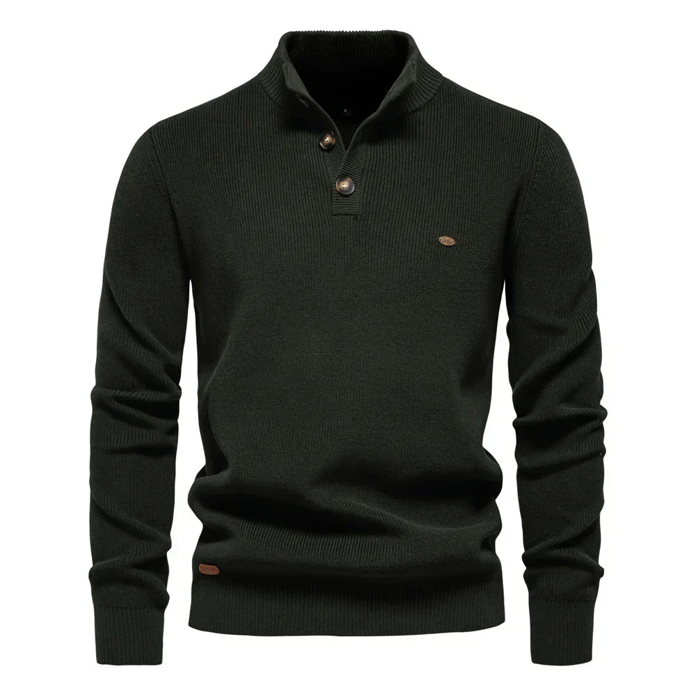 Lennart | Herrenpullover mit Stehkragen und Knopfleiste, einfarbig