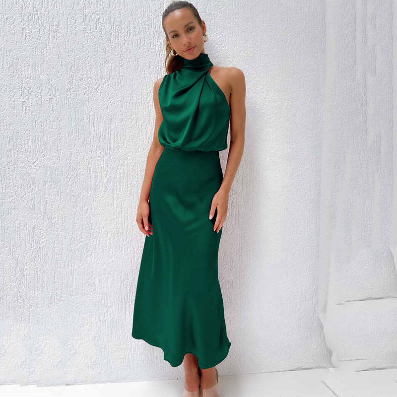 KROHN-E Damen Abendkleid Neckholder-Design bodenlang Satin